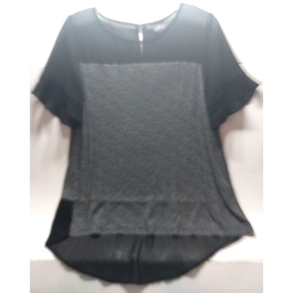 Worthington Mixed Media Black Large Semi Sheer Bodice Hem Panel Ruffle Sleeves - Picture 1 of 10